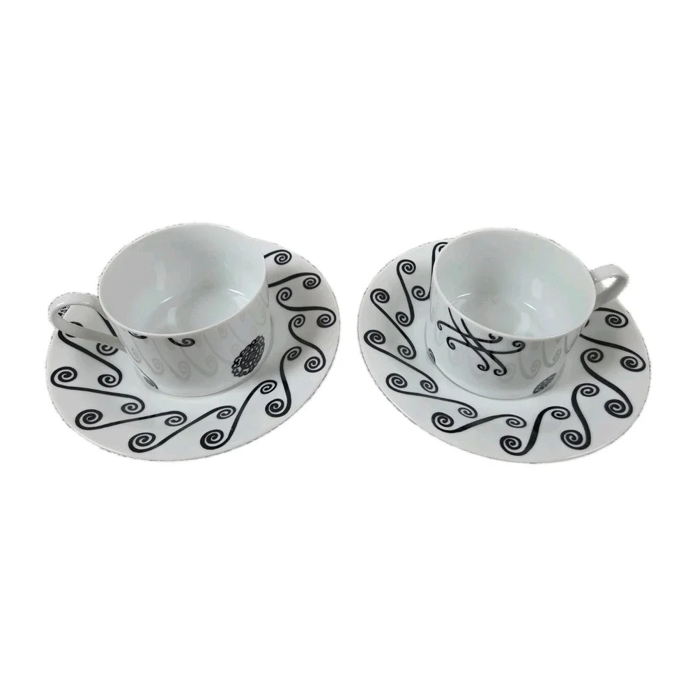 2 Pottery Barn FEZ Cups & Saucers Black & White Swirls/Medallion Japan Made Vtg